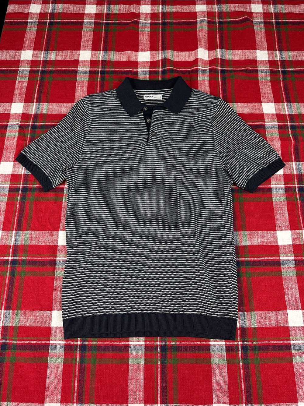 Striped Navy and White Short-Sleeve Polo